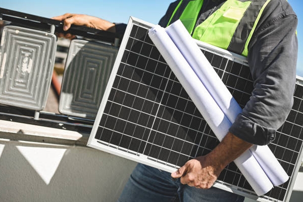 Engineer installing solar panel